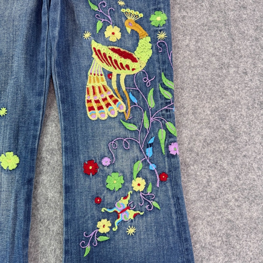 Sharagano Jeans Womens Blue Embroidered Floral Peacock Distressed Flare Y2K 28 - Picture 4 of 13